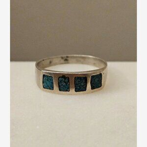 Vintage Southwestern Sterling Silver Turquoise Chip Inlay Ring Size 5.5
